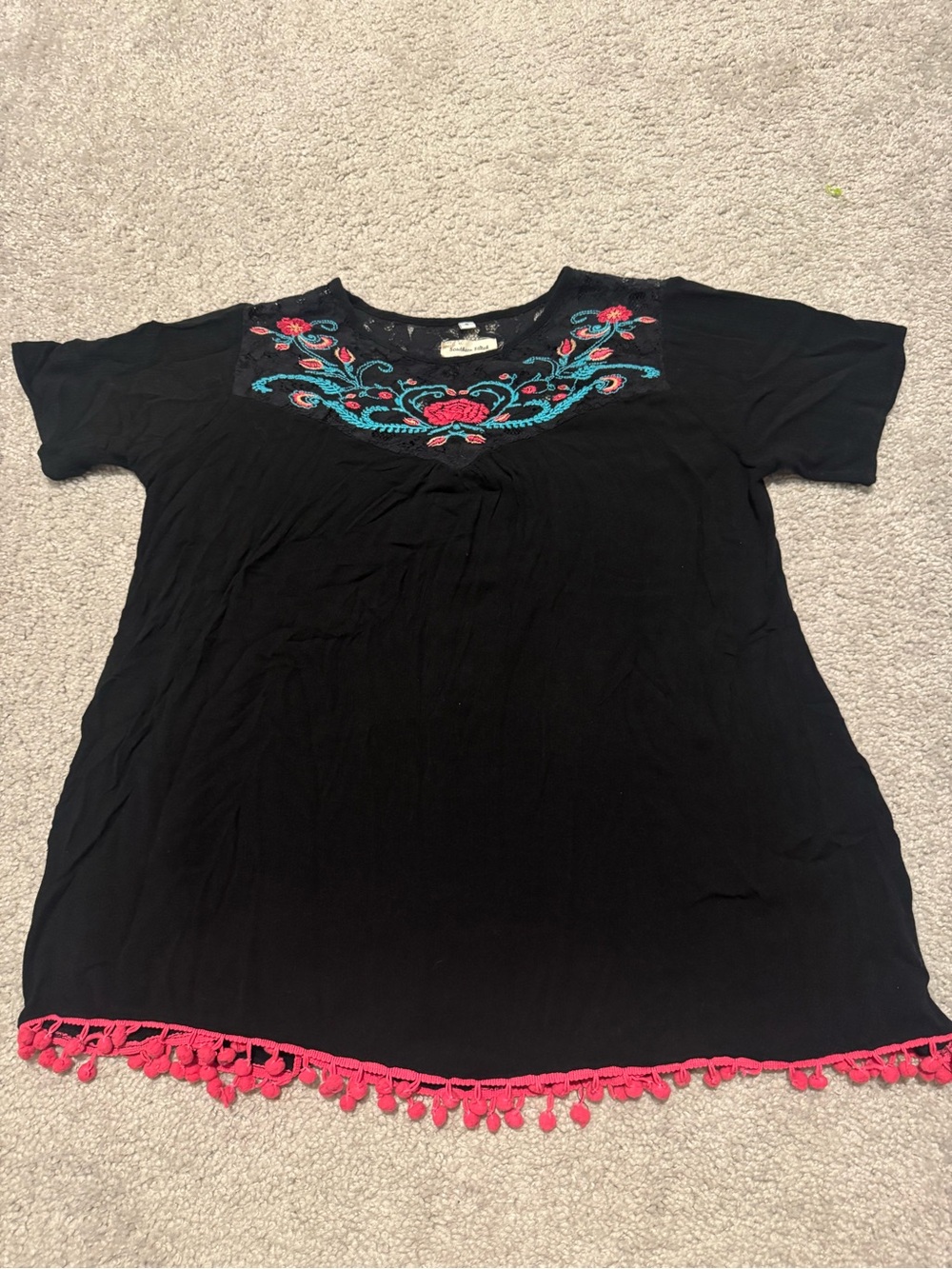 Black Embroidered Short-Sleeve Tunic with Pink Trim